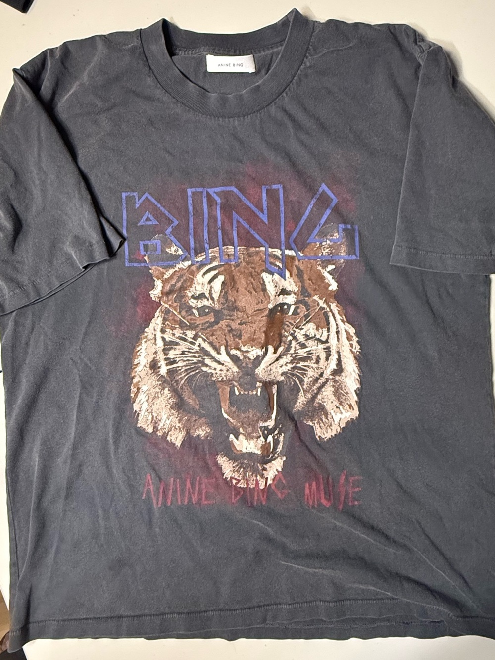 Anine Bing Muse Tiger Print Tee 100% Cotton Faded Black Medium